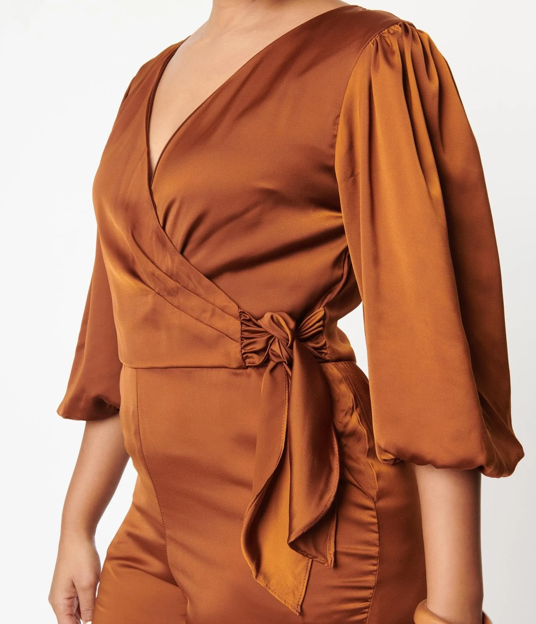 1970s Copper Satin Bow Jumpsuit