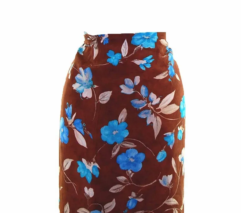 90s Brown Blue Floral Printed Wrap Skirt - 16