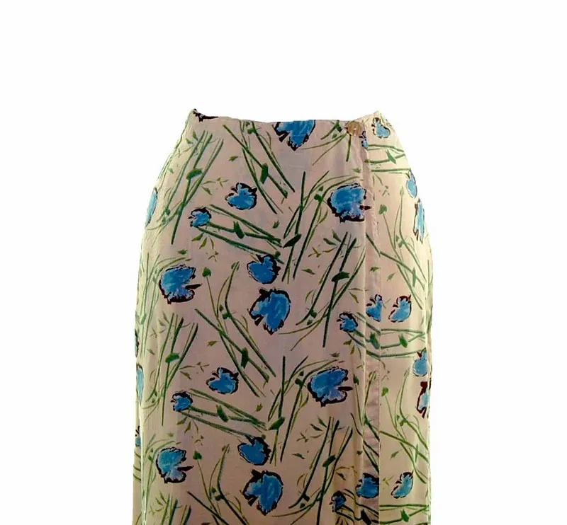 90s Cream Leaf Printed Wrap Skirt - 10