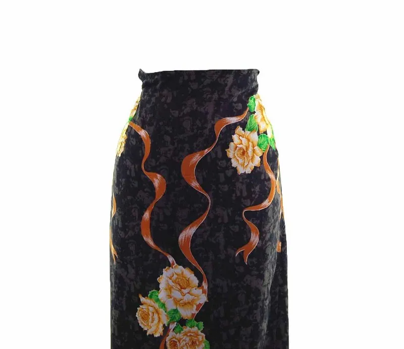 90s Navy Golden Rose Wrap Skirt - 12