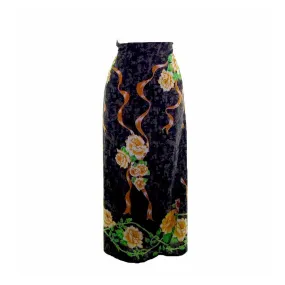 90s Navy Golden Rose Wrap Skirt - 12