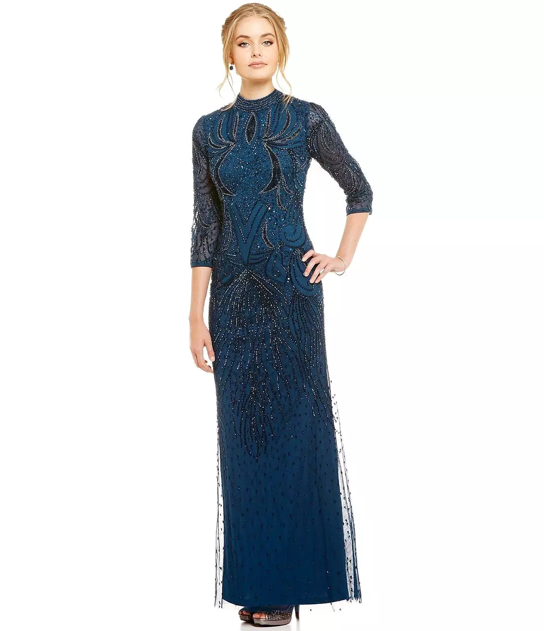 Adrianna Papell AP1E200282 Quarter Sleeve Embellished Long Dress