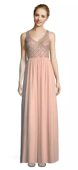 Adrianna Papell - AP1E203719 Beaded V-neck Long A-line Dress