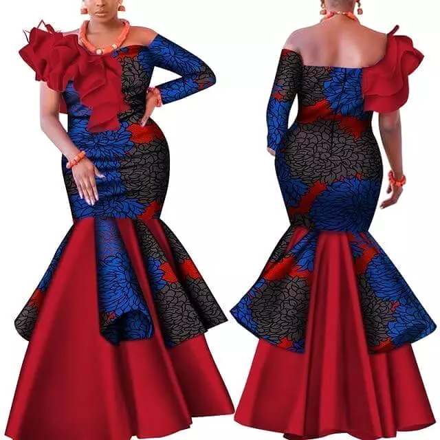 African Dress Red With Blue Prints