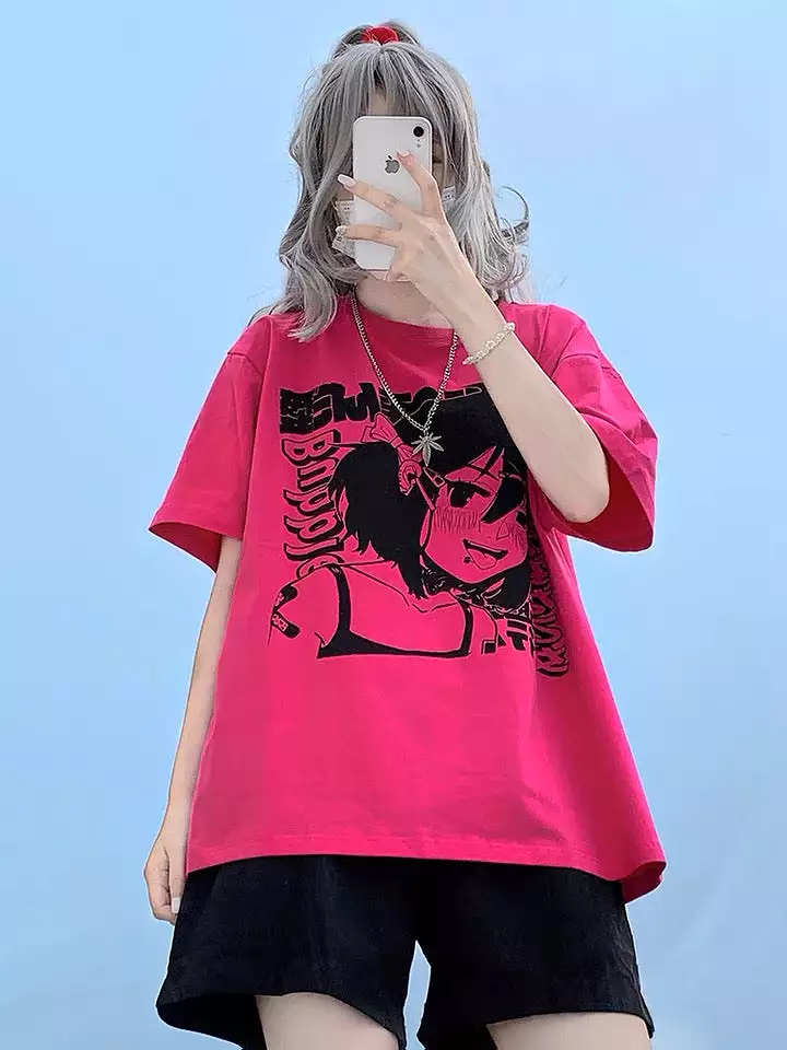 Anime girl hot pink oversized t-shirt