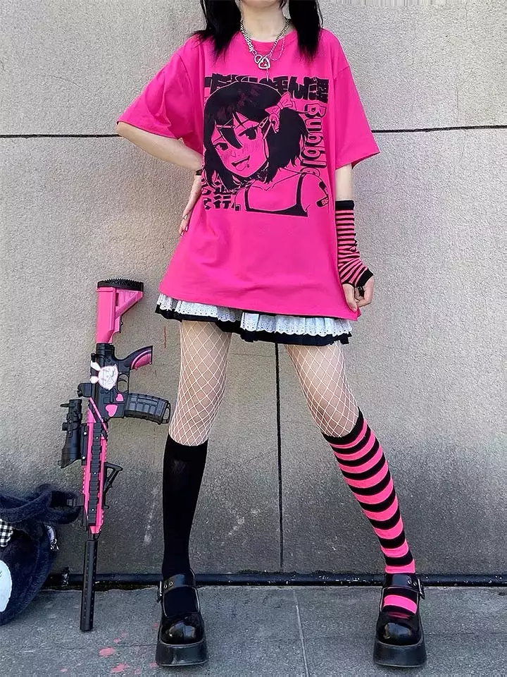 Anime girl hot pink oversized t-shirt