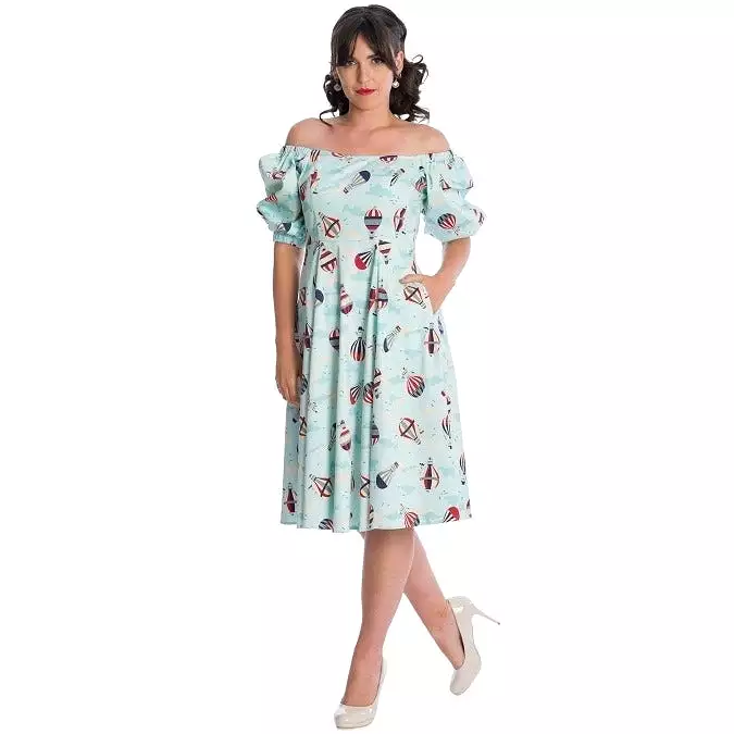 Aqua Blue Hot Air Balloon Print Puff Sleeve Vintage Style Swing Dress