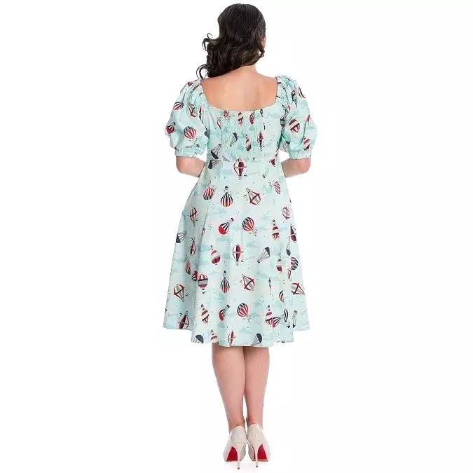 Aqua Blue Hot Air Balloon Print Puff Sleeve Vintage Style Swing Dress