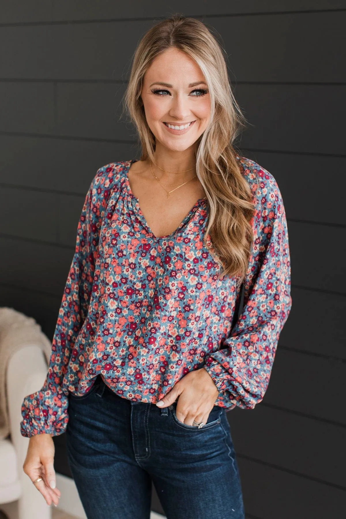 Back To Bliss Floral Blouse- Denim Blue