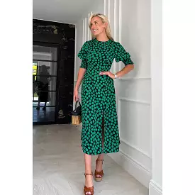 Black & Large Green Polka Dot Midi Dress With 3/4 Length Cuff Sleeves