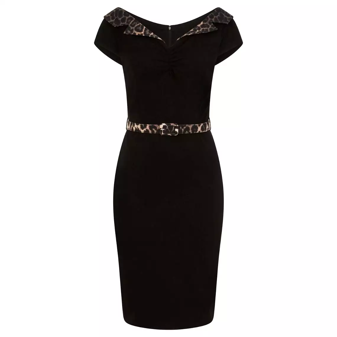 Black And Leopard Print Detail Belted Capped Sleeve Pencil Dress