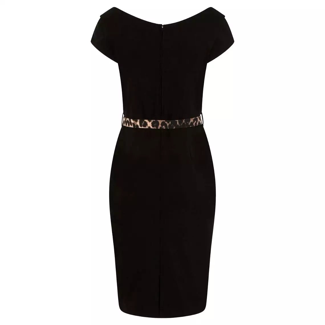 Black And Leopard Print Detail Belted Capped Sleeve Pencil Dress