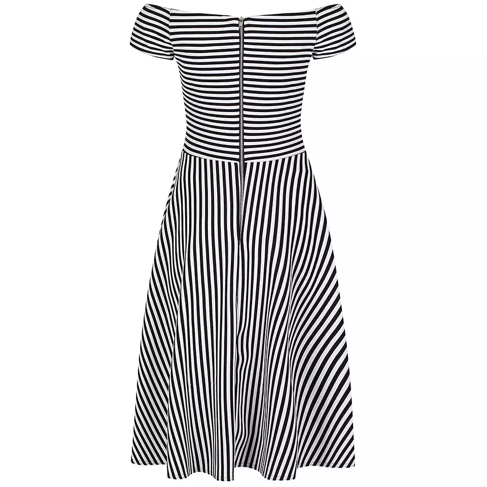 Black and White Vintage Striped Cap Sleeve Swing Dress