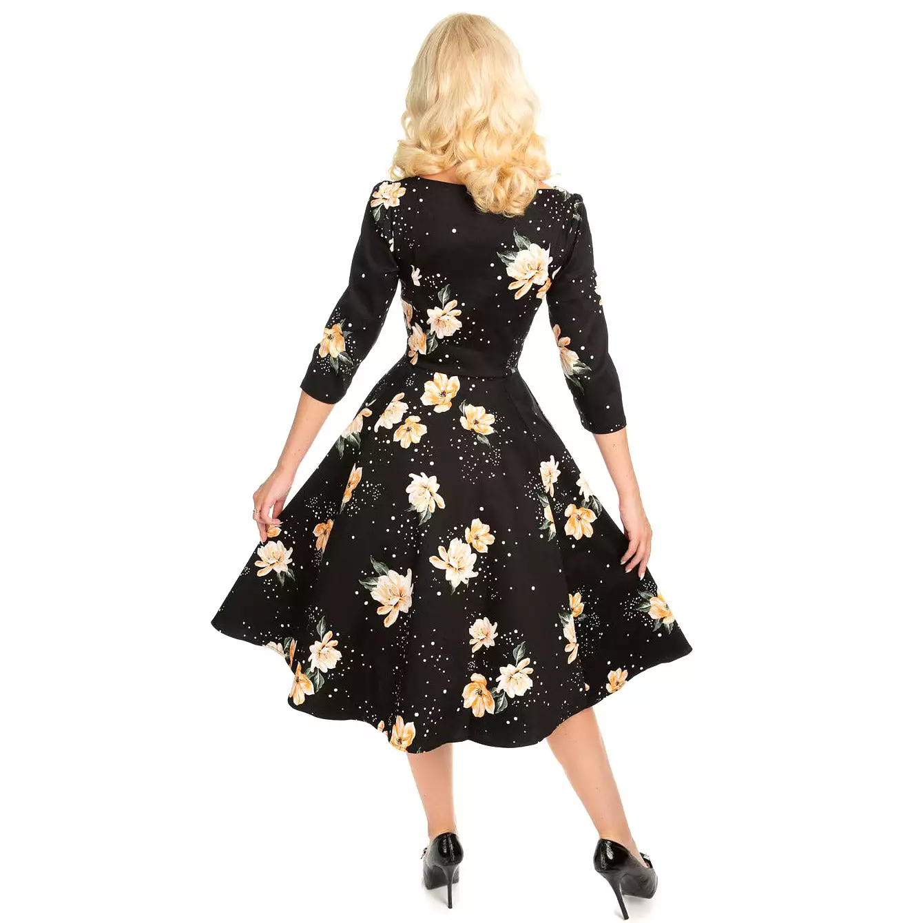 Black Floral Stardust 3/4 Sleeve Vintage Swing Dress