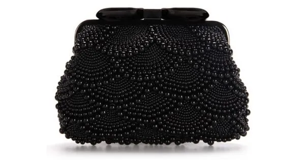 Black Pearls Beads Bow Vintage Bridal Glamorous Evening Clutch Purse 