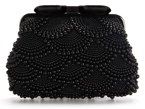 Black Pearls Beads Bow Vintage Bridal Glamorous Evening Clutch Purse 