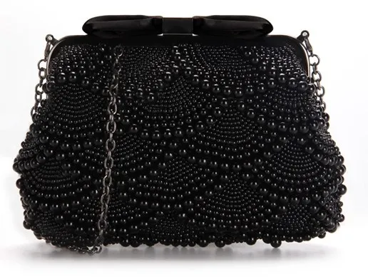 Black Pearls Beads Bow Vintage Bridal Glamorous Evening Clutch Purse 