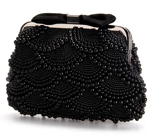 Black Pearls Beads Bow Vintage Bridal Glamorous Evening Clutch Purse 