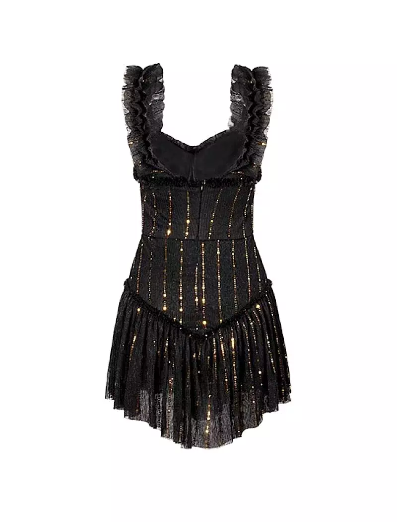 Black Ruched Ruffle Sequin Striped Short Dress