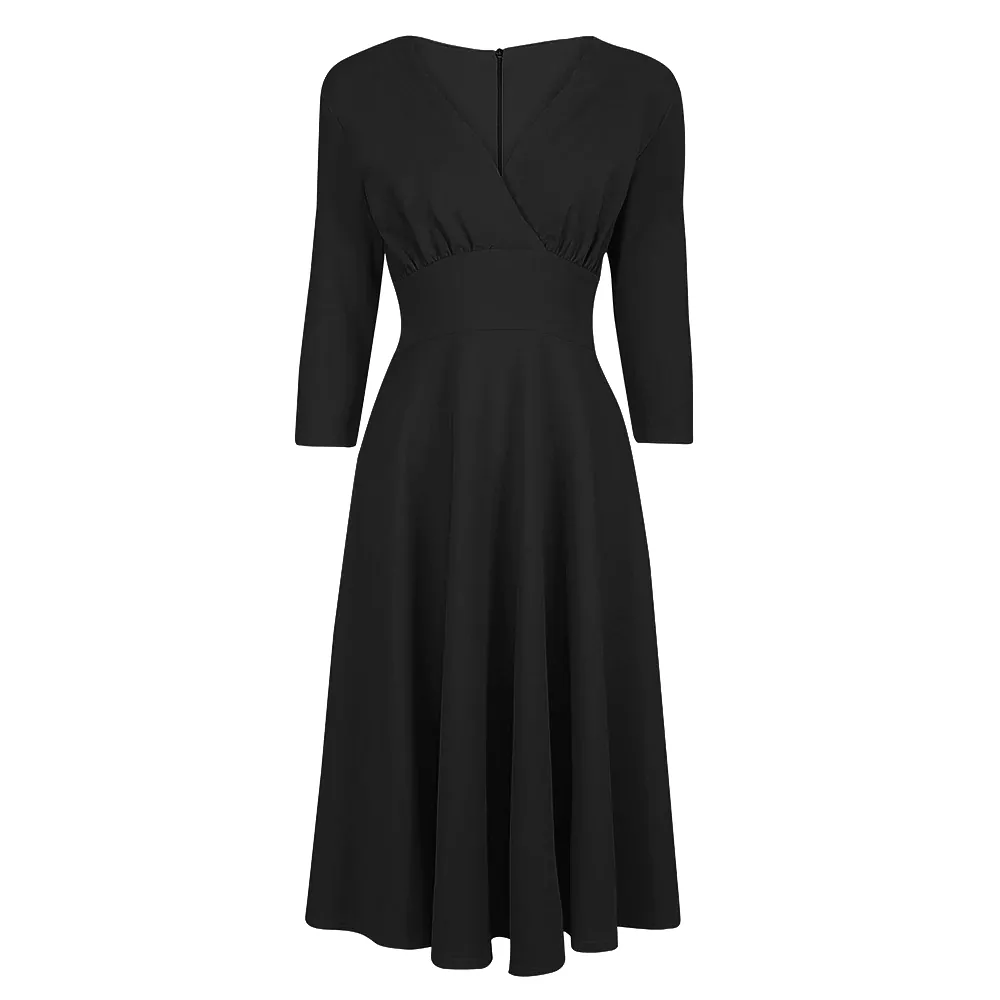 Black Vintage A Line Crossover 3/4 Sleeve Tea Swing Dress