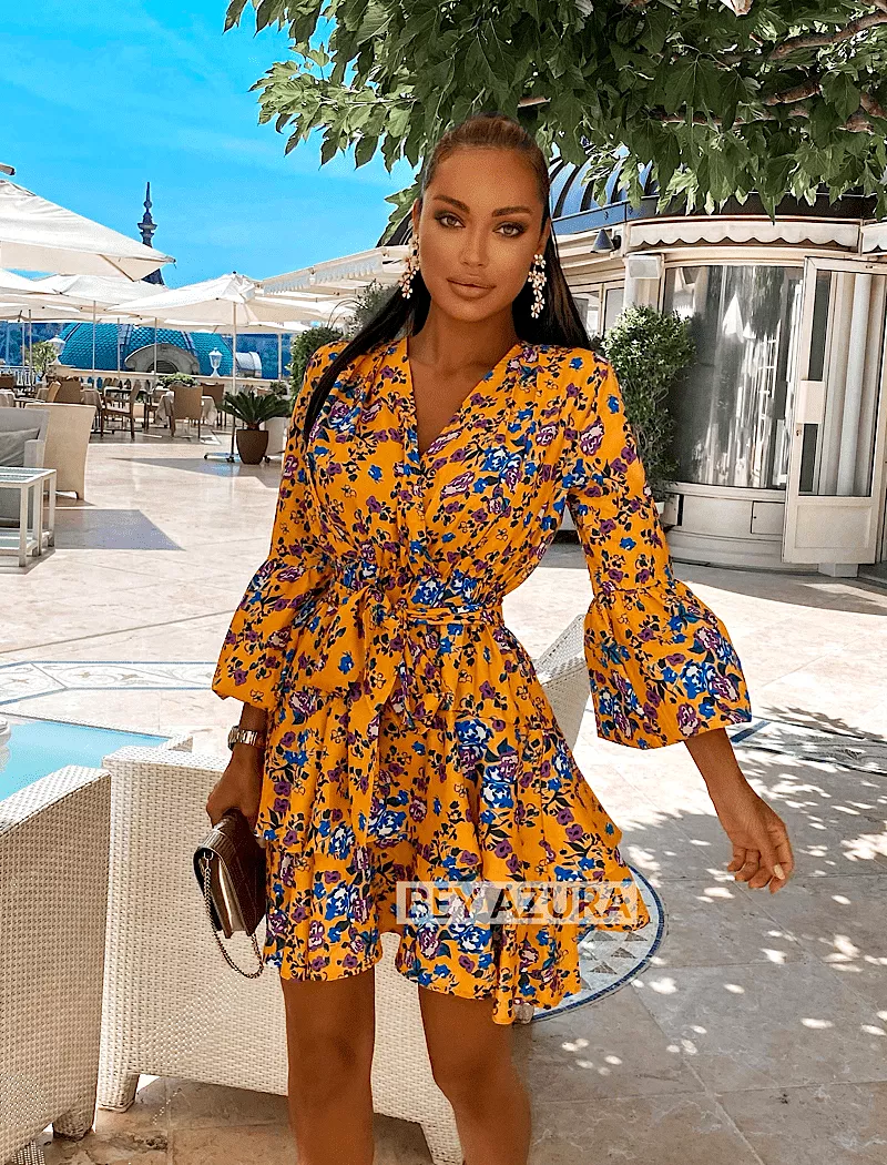 Blue Floral Print Yellow Short Dress