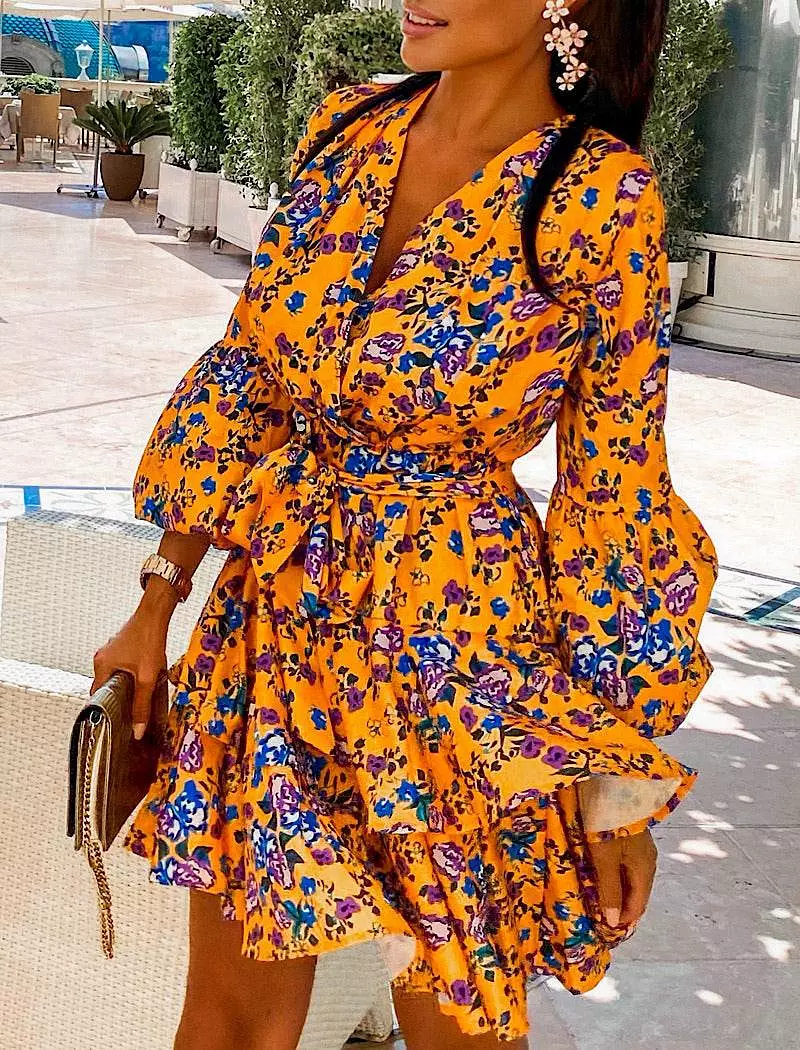 Blue Floral Print Yellow Short Dress