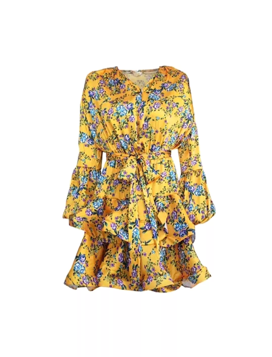 Blue Floral Print Yellow Short Dress