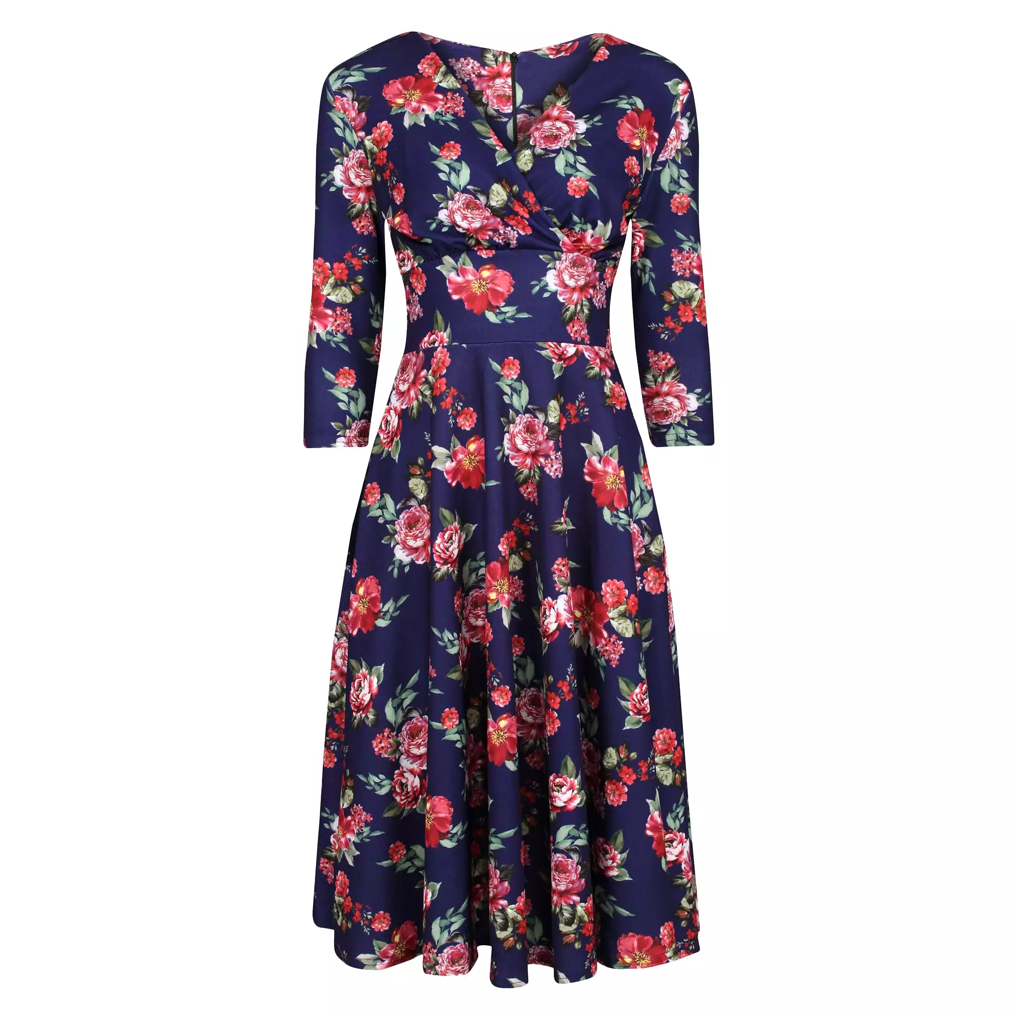 Blue Floral Vintage A Line Crossover 3/4 Sleeve Tea Swing Dress