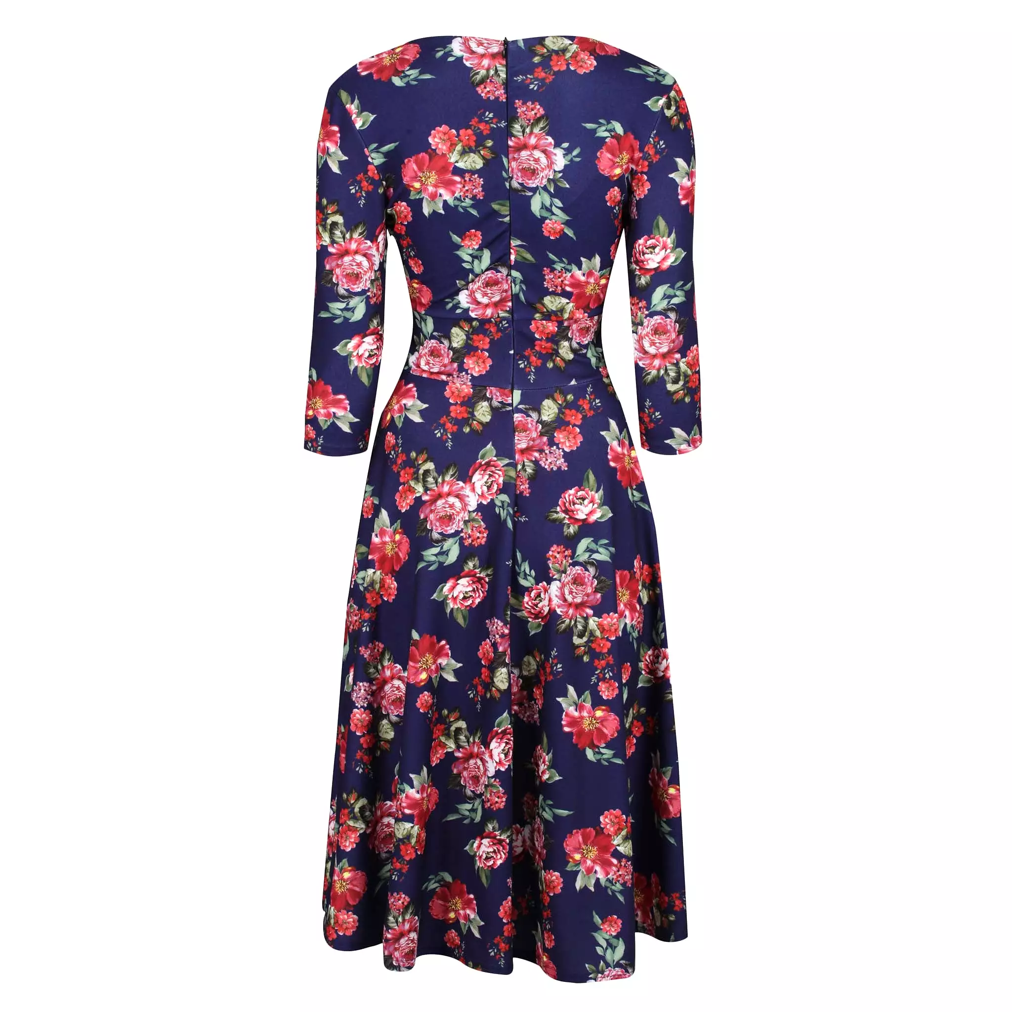 Blue Floral Vintage A Line Crossover 3/4 Sleeve Tea Swing Dress