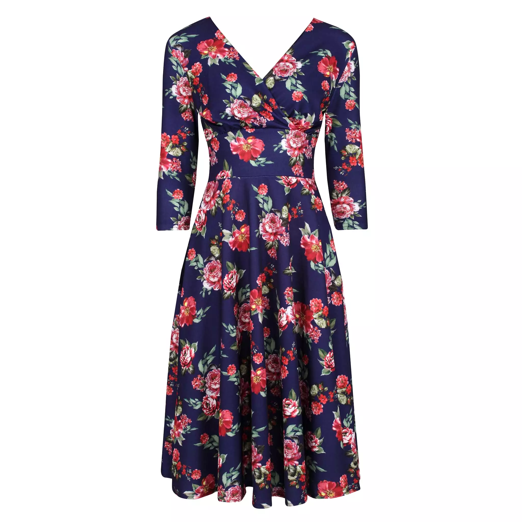 Blue Floral Vintage A Line Crossover 3/4 Sleeve Tea Swing Dress