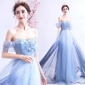 Blue Lace Prom Dress, Evening Dress