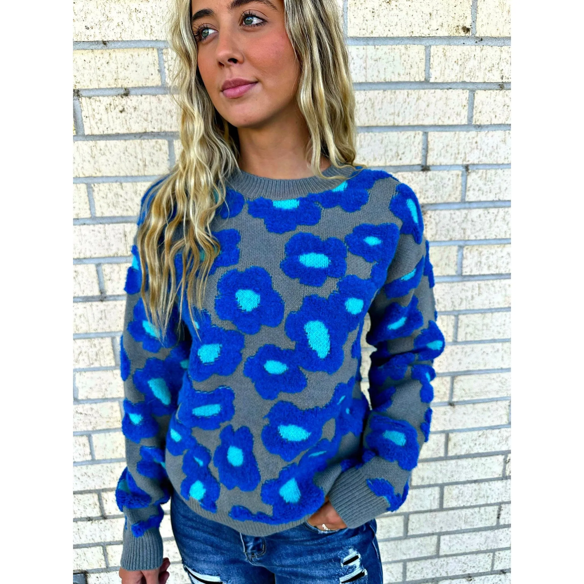 Blue Sherpa Floral Sweater