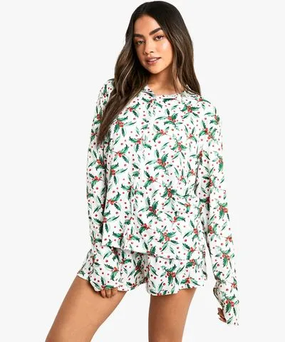 boohoo Womens Christmas Holly Print Long Sleeve Short Pj Set