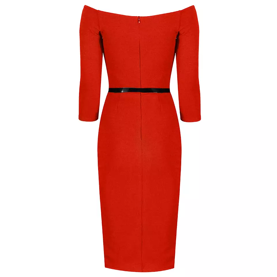 Cinnamon Orange Wide V Neck 3/4 Sleeve Belted Bodycon Pencil Dress