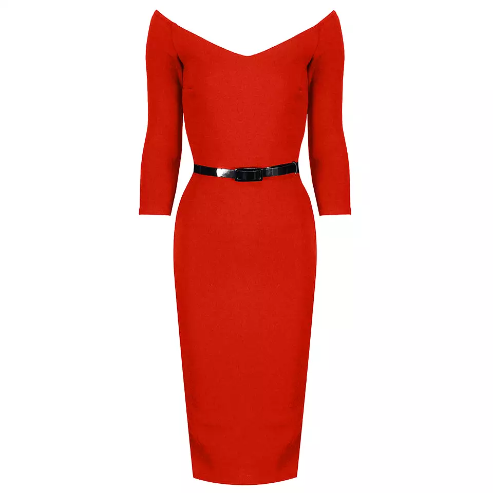 Cinnamon Orange Wide V Neck 3/4 Sleeve Belted Bodycon Pencil Dress