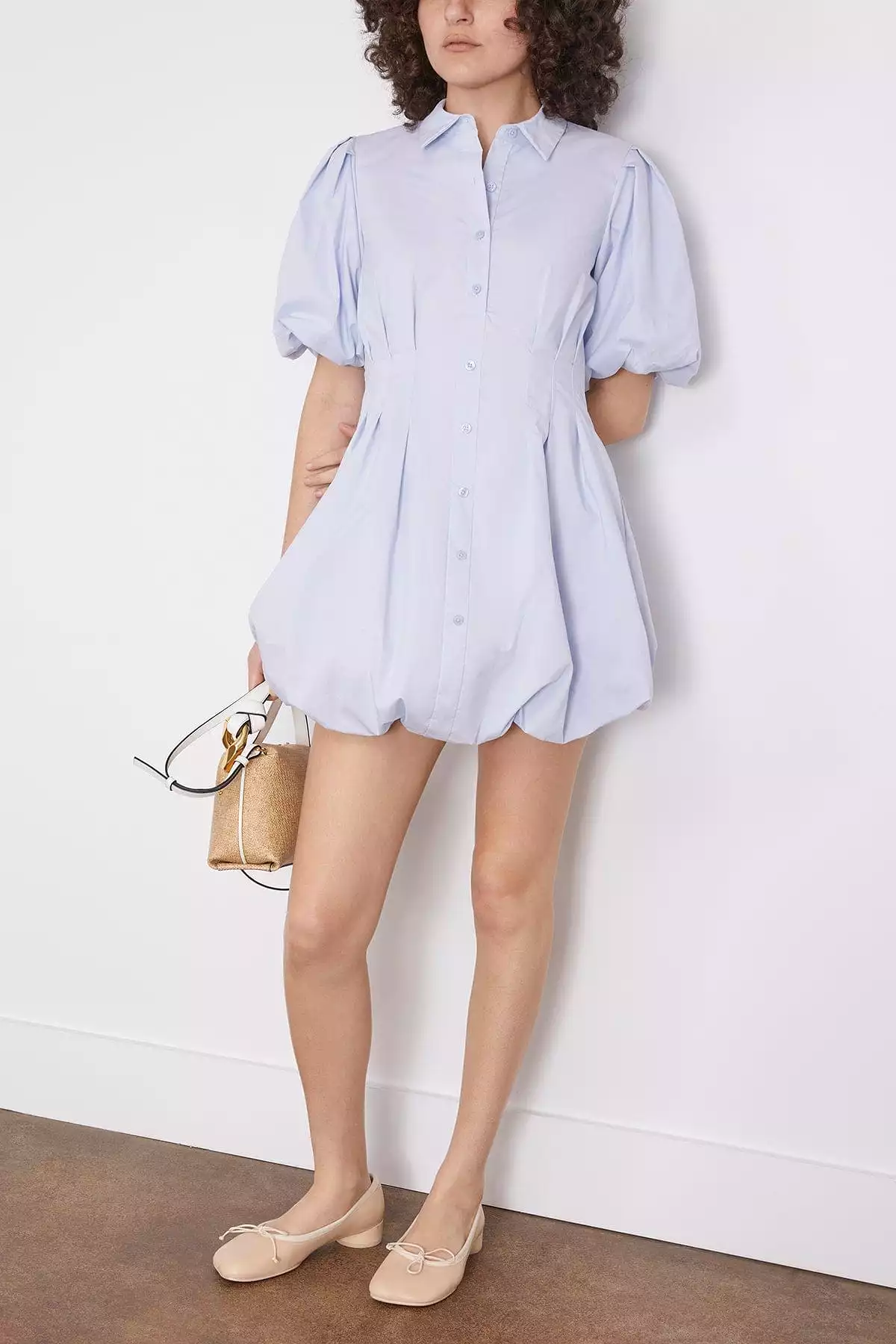 Cleo Balloon Pintuck Mini Dress in Blue Haze