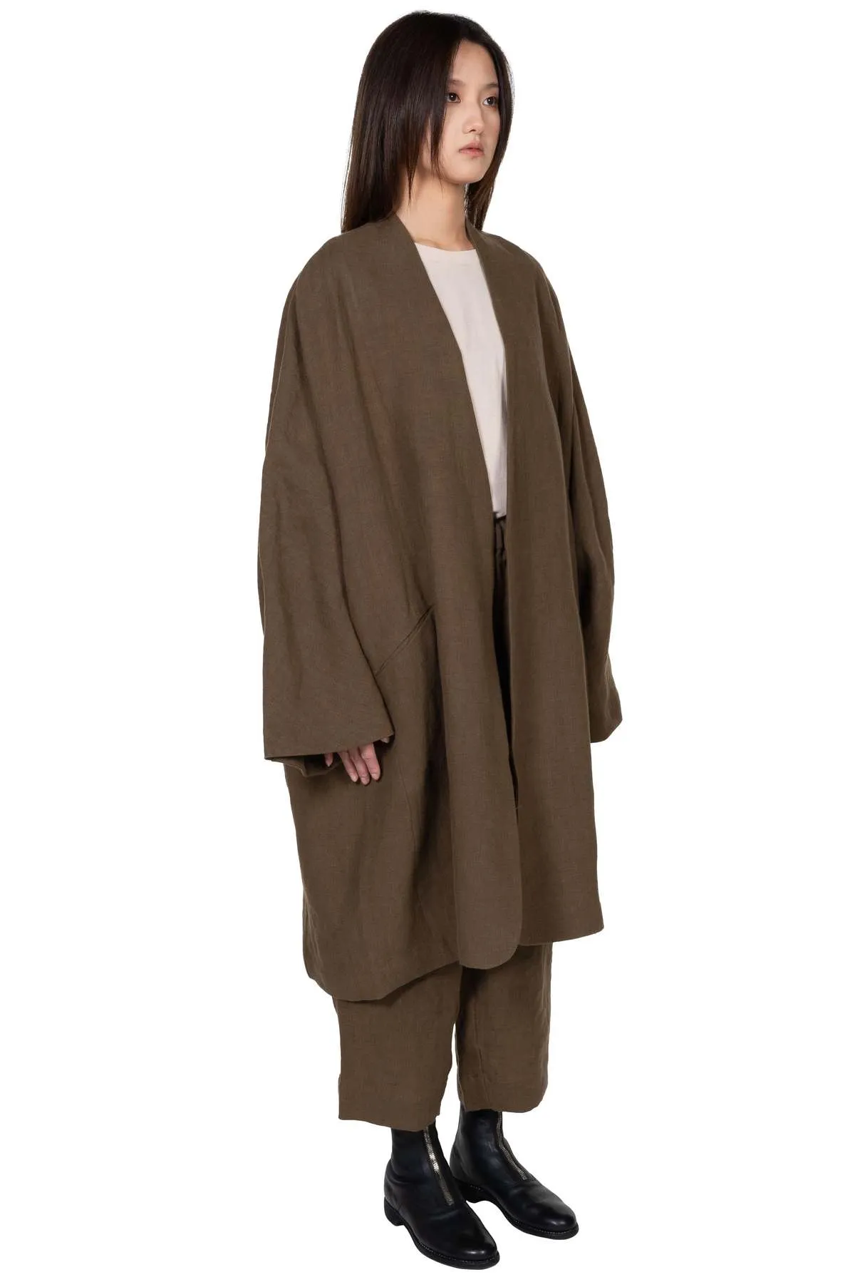 Collarless Linen Long Coat - Olive