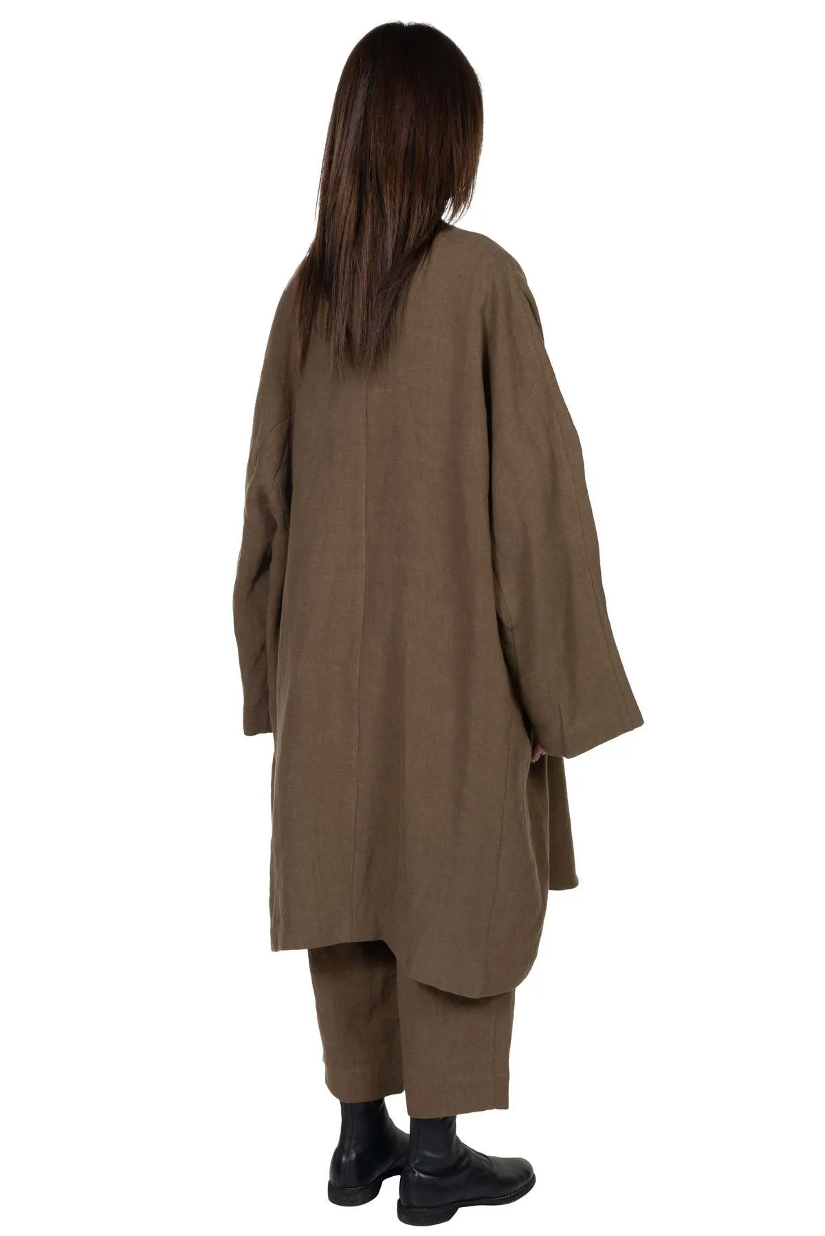 Collarless Linen Long Coat - Olive