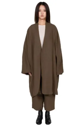 Collarless Linen Long Coat - Olive