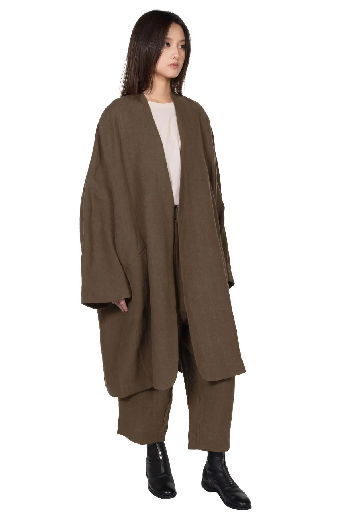 Collarless Linen Long Coat - Olive