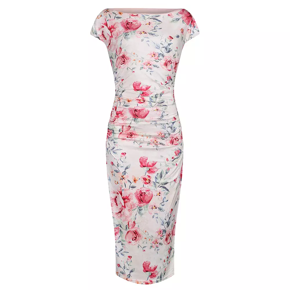 Cream Pink Floral Print 40s Style Cap Sleeve Slinky Pencil Wiggle Dress