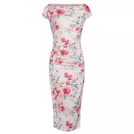 Cream Pink Floral Print 40s Style Cap Sleeve Slinky Pencil Wiggle Dress