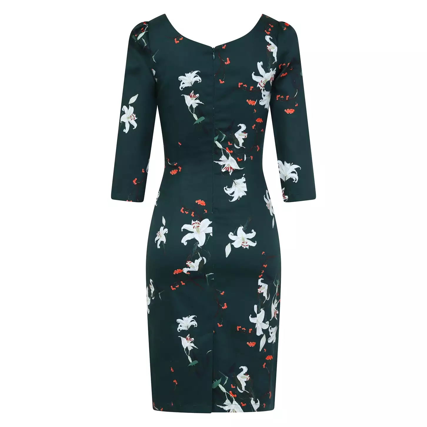 Dark Green Floral Print 3/4 Sleeve Empire Waist Pencil Wiggle Dress