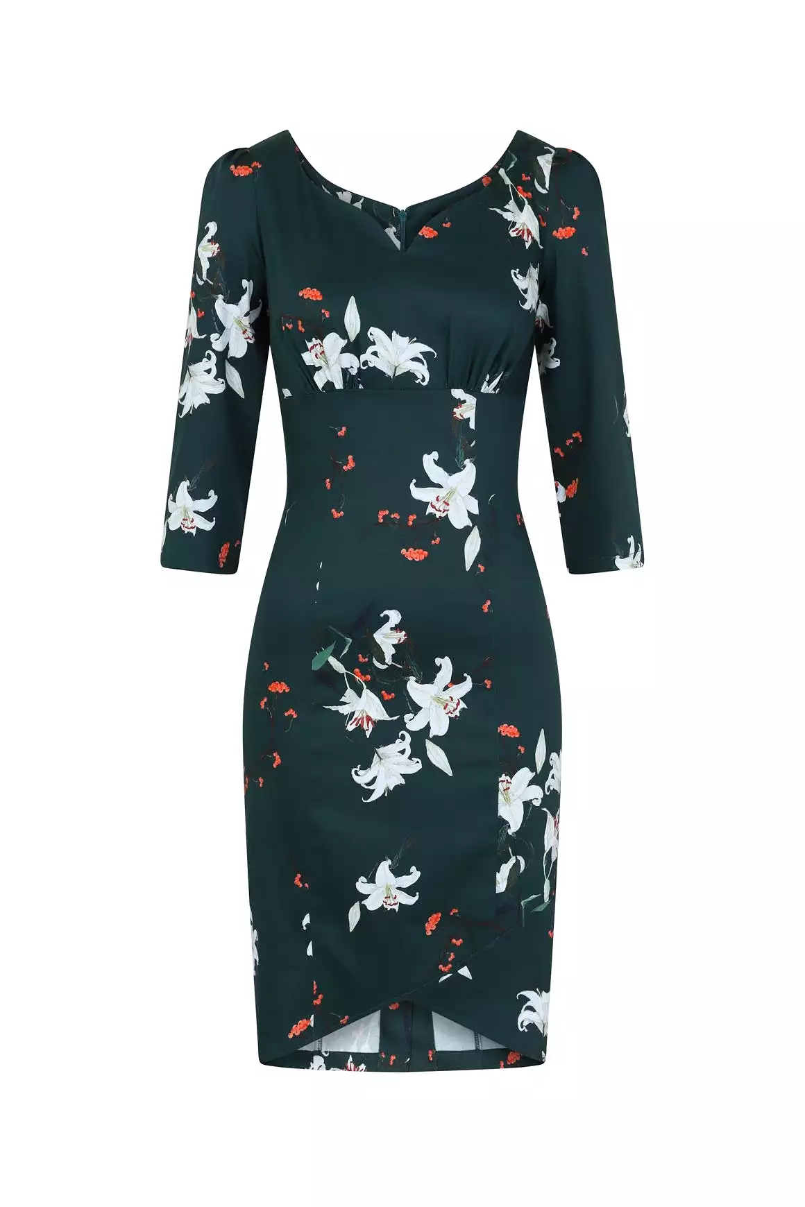 Dark Green Floral Print 3/4 Sleeve Empire Waist Pencil Wiggle Dress