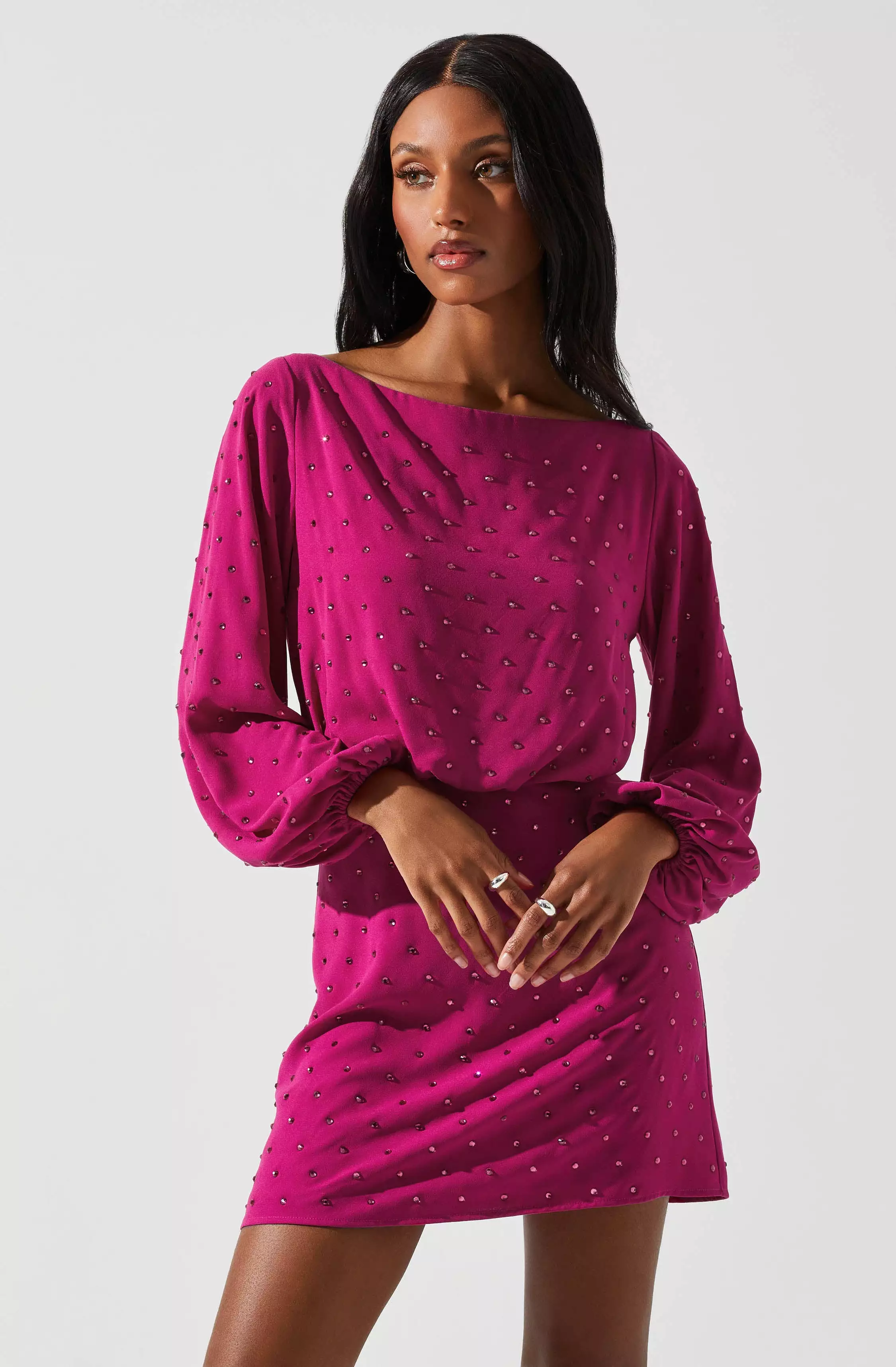 Edita Rhinestone Embellished Long Sleeve Mini Dress