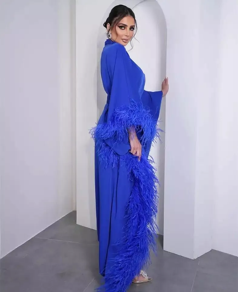 Elegant Long Royal Blue Crepe Evening Dresses With Feathers Mermaid Floor Length Robes de soirée Party Prom Dress X10501