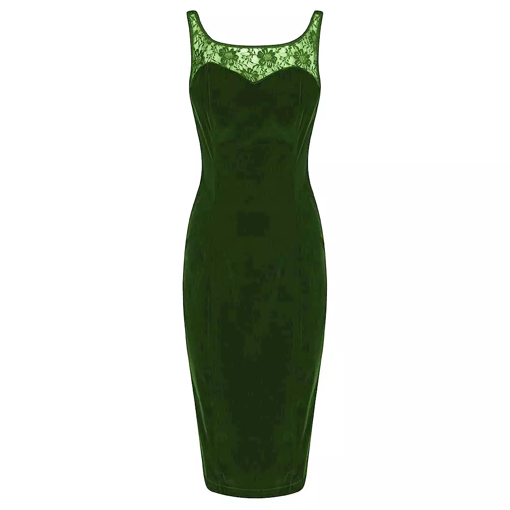 Emerald Green Velour and Lace Trim Sleeveless Wiggle Pencil Dress