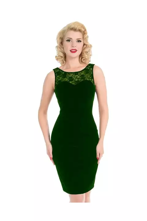 Emerald Green Velour and Lace Trim Sleeveless Wiggle Pencil Dress