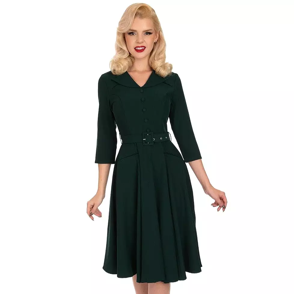 Emerald Green Vintage Belted 3/4 Sleeve Swing Dress