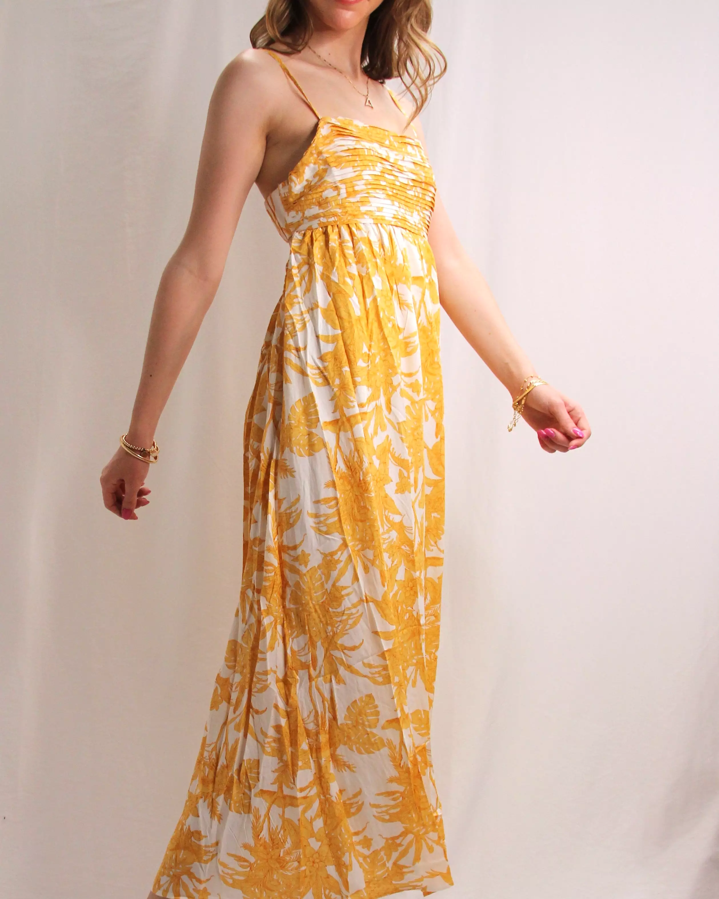 Floral Dress with Bust Pleating - Light Orange Multi